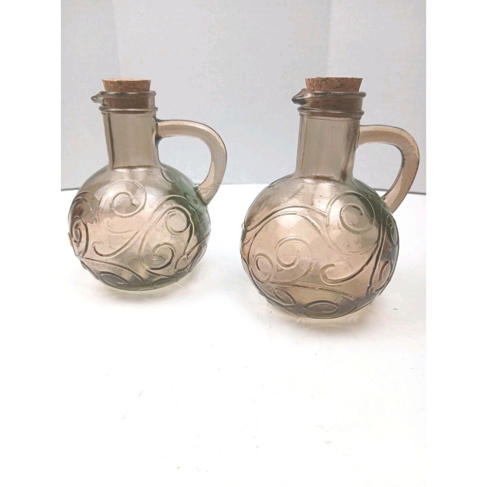 Set of 2 Glass Cruets Pitchers Jars 5-1/2 Inches Amber Brown